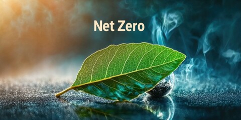Net Zero Carbon Commitment Concept. A green leaf with water droplets sits on a surface, symbolizing sustainability and the concept of "Net Zero" in environmental conversations