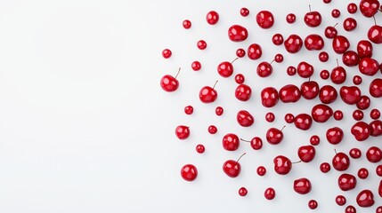 Abstract pattern of cherries descending against a crisp white background, creative and modern, ideal for product packaging advertising