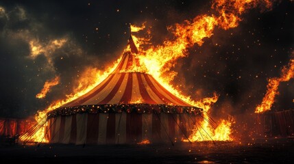 Flames dance wildly around a colorful striped tent as smoke billows into the night sky, creating a dramatic and chaotic atmosphere at the circus site illuminated by fire.