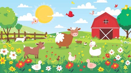A cartoon illustration of a farm with animals and a red barn.