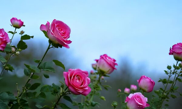 Beautiful spring border, blooming rose bush on a blue background. Flowering rose hips against the blue sky. Soft selective focus