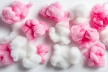Fototapeta premium Colorful cotton balls in pink and white scattered on a white surface create a playful craft background