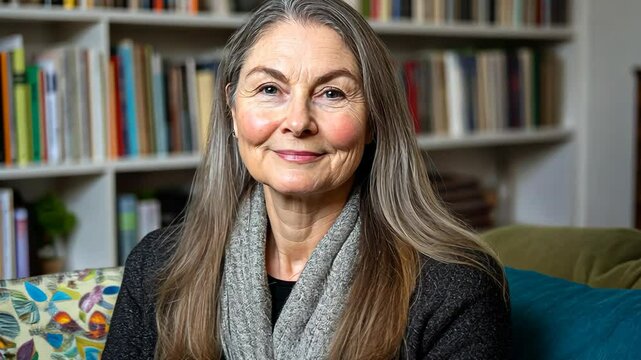 A woman with shoulder-length gray hair and a calm demeanor sits comfortably on an upholstered couch