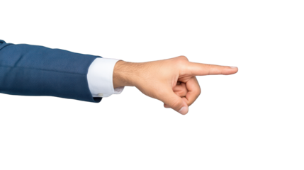 A hand in a suit pointing to the right, suggesting direction or emphasis. Transparent background.