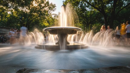 Naklejka premium City park fountain with people.