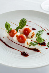 Elegant Caprese skewers served on a white plate, minimalist background