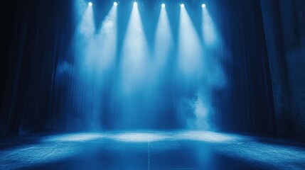 Dark Stage with Blue Spotlight and Smoke