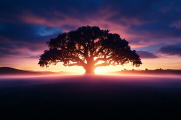 Fototapeta premium Ancient oak tree in the middle of misty field at sunrise, branches spreading wide, a mystical and peaceful aura