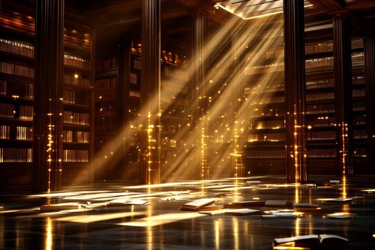 Ancient library with tall wooden shelves, dusty golden light streaming in, open books scattered, vintage and mysterious setting