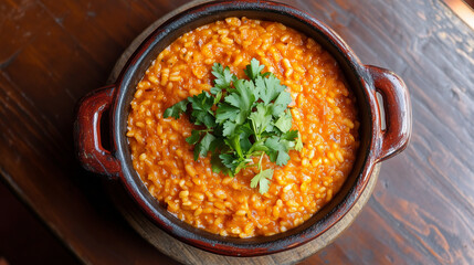 Artistic shot of arroz carreteiro with earthy, golden tones