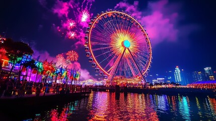 Vibrant Ferris wheel with colorful fireworks lighting up the night sky during a festive carnival celebration