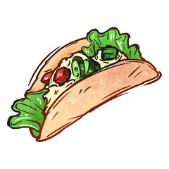 Delicious taco filled with fresh vegetables and cheese displayed in a colorful illustration