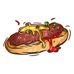 Delicious hot dog with mustard, ketchup, and spring onions on a bun served for lunchtime enjoyment