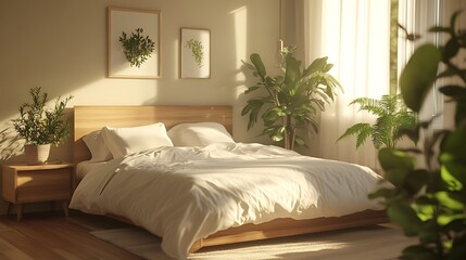 Fototapeta premium Beautiful Colored Mockup Bedroom Interior Blank Poster Decoration Art Background Image, generative AI