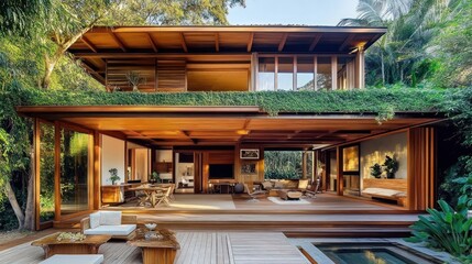 Modern wooden house with exposed beams, greenery on roof, open floor plan 
