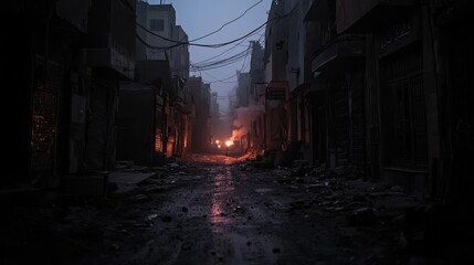 The ninth plague of Egypt: desolate streets cloaked in eerie darkness, faint torchlight piercing the gloom