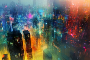 Fototapeta premium A vibrant city skyline lights up the night. Colorful reflections create a dreamlike atmosphere. This modern art captures urban energy and beauty. Generative AI