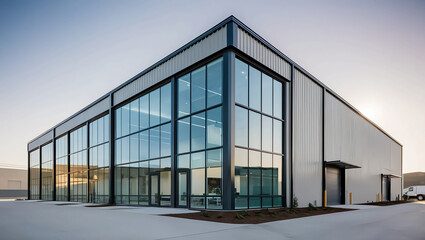 Contemporary Warehouse Office Exterior Featuring Sleek Steel and Glass, Embodying Industrial Chic Design and Modern Aesthetics.