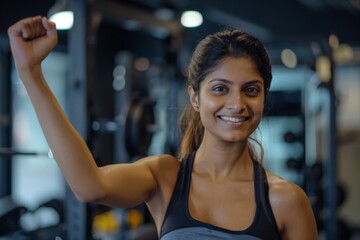 Fototapeta premium Young Woman at Gym Celebrating Fitness Achievement with Raised Arm and Beaming Smile While Surrounded by Workout Equipment in Modern Training Facility