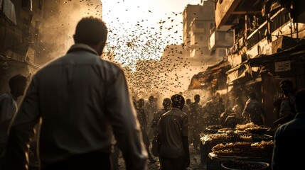 The fourth plague of Egypt: thick swarms of flies invading a bustling market, spreading chaos over food and people