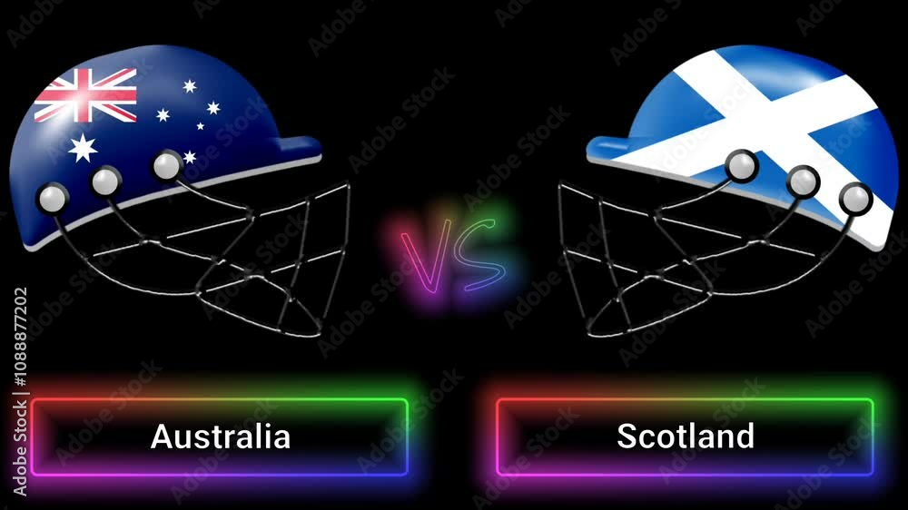 Poster australia vs scotland match animation with flags on helmets and colorful border over text all on bla