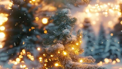 Winter street adorned with Christmas decorations and snow falling gracefully in the evening light