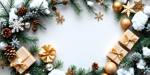 Christmas background with ornaments, pine cones, presents. Christmas background