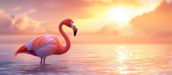Fototapeta premium A pink flamingo stands gracefully in calm waters during a vibrant sunset.