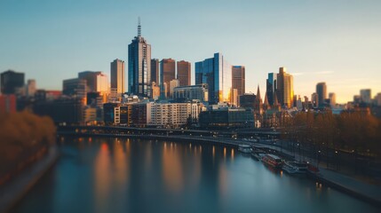Fototapeta premium Cityscape at dawn, river reflection.