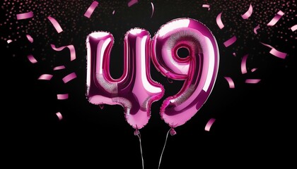 Fototapeta premium Pink birthday / anniversary balloon, number 49, black background with confetti