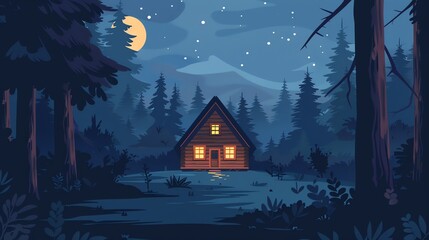 Fototapeta premium A cabin with lit windows in a dark forest at night.