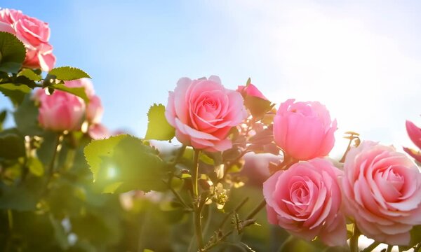 Beautiful spring border, blooming rose bush on a blue background. Flowering rose hips against the blue sky. Soft selective focus
