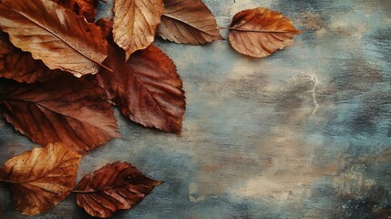 Fototapeta premium Delicate autumn leaves in varying shades of brown rest on a rich blue textured surface, creating a harmonious blend of colors that evokes the tranquility of fall.