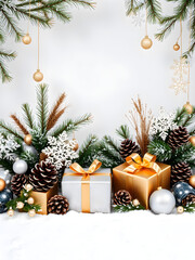 Christmas background with ornaments, pine cones, presents. Christmas background
