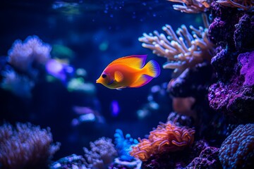 Naklejka premium A vibrant fish swims among colorful coral in a beautifully lit underwater world. This image captures the beauty and diversity of marine life. Generative AI