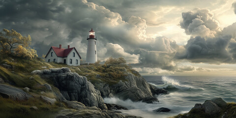 Latarnia morska w otoczeniu małego domu na surowym, kamienistym brzegu, z dramatycznymi chmurami na niebie, tworzy urokliwy i uspokajający widok.