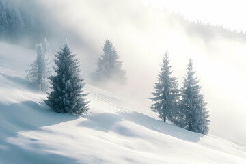 Fototapeta premium Frost-Covered Trees In A Quiet Winter Wonderland With Soft Light And Rolling Snowy Hills During A Cold Winter Morning. Generative AI