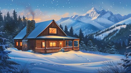 A cozy cabin in a snowy forest at night with a full moon in the sky.