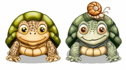 Fototapeta premium Two cartoon turtles, one with a snail on its shell, both facing forward with smiles.
