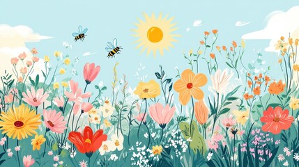 A vibrant illustration of a flower-filled landscape with bees and a bright sun.
