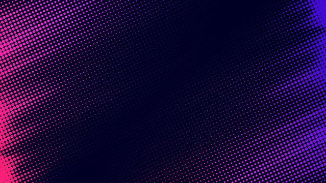 Vector halftone gradient background in vibrant pink and purple tones. Dynamic dots fading diagonally over a dark backdrop. Modern abstract design.