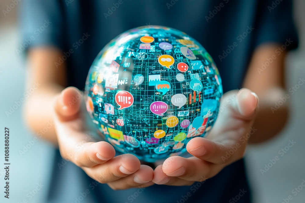 Fototapete multilingual language translation technology concept. a person holding holographic globe with speech