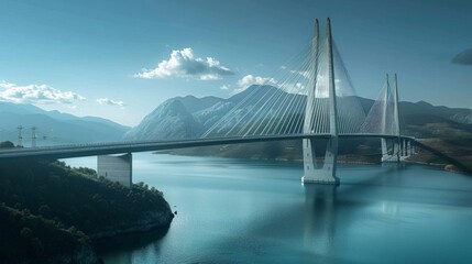 A serene image of a white cable bridge spanning blue water with a central tower. Natural landscapes with hills. Peaceful sky with clouds.