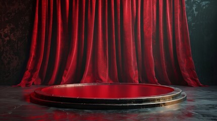The image showcases a vivid stage with red hues, a round platform, red curtains, and a dark wall creating a mysterious ambiance.