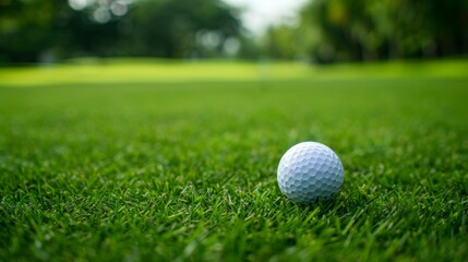 Obraz premium A close-up photo shows a golf ball on a green course, hinting at the start of a game. Serene scenery with trees, blurry background, and morning light create an atmosphere of anticipation.