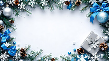 Christmas background with ornaments, pine cones, presents. Christmas background