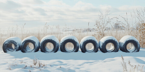 Opony ułożone w r&oacute;wnym rzędzie, spowite warstwą świeżego śniegu, tworzą zimową scenerię i subtelnie zwracają uwagę na kwestie recyklingu i ekologii.