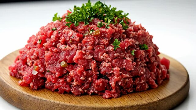 A generous portion of finely ground beef is artfully arranged on a simple, round wooden board