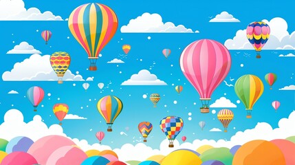 A cartoon illustration of many hot air balloons floating in the sky.