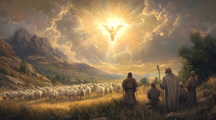 Shepherds watching their flock in a field looking at an angel in the sky, emanating light